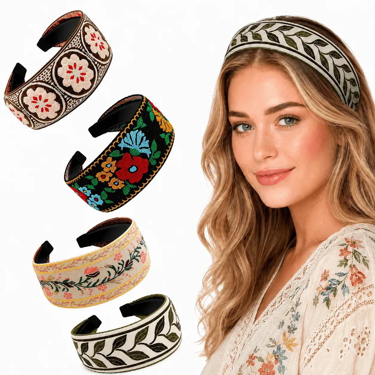 4-Piece Embroidered Boho Wide Headband Set (3-Pack)